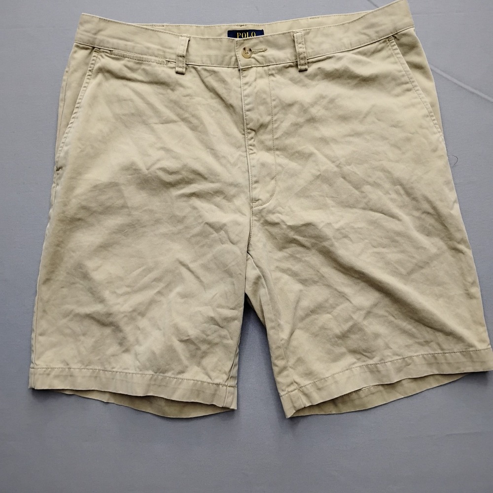 Polo Ralph Lauren Mens Chino Shorts Tan Khaki Flat Front Cotton Size 35